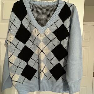 Argyle V-Neck Sweater in Blue and Black